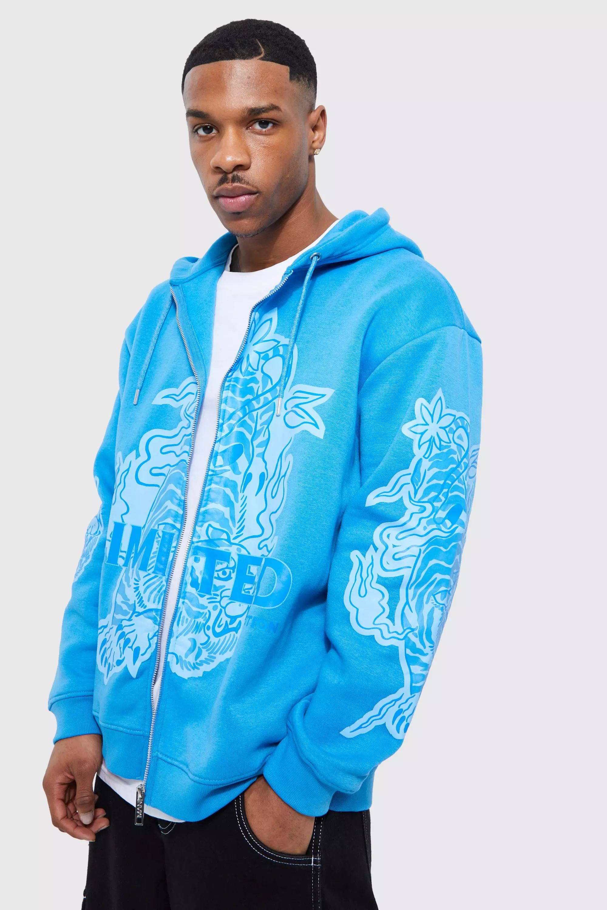 Oversized Dragon Graphic Zip Through Hoodie